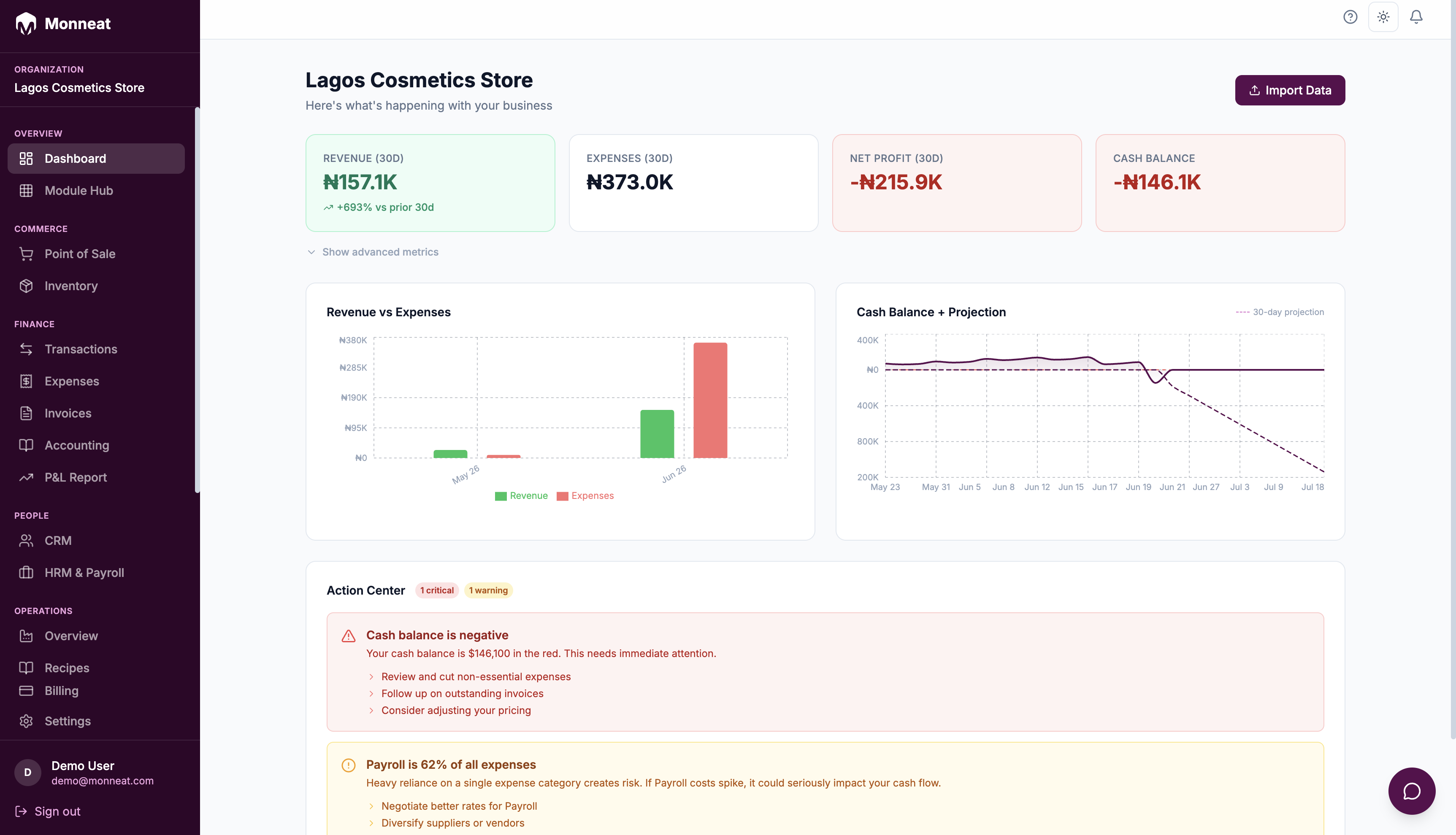 Monneat live dashboard — revenue, expenses, cash flow and action center